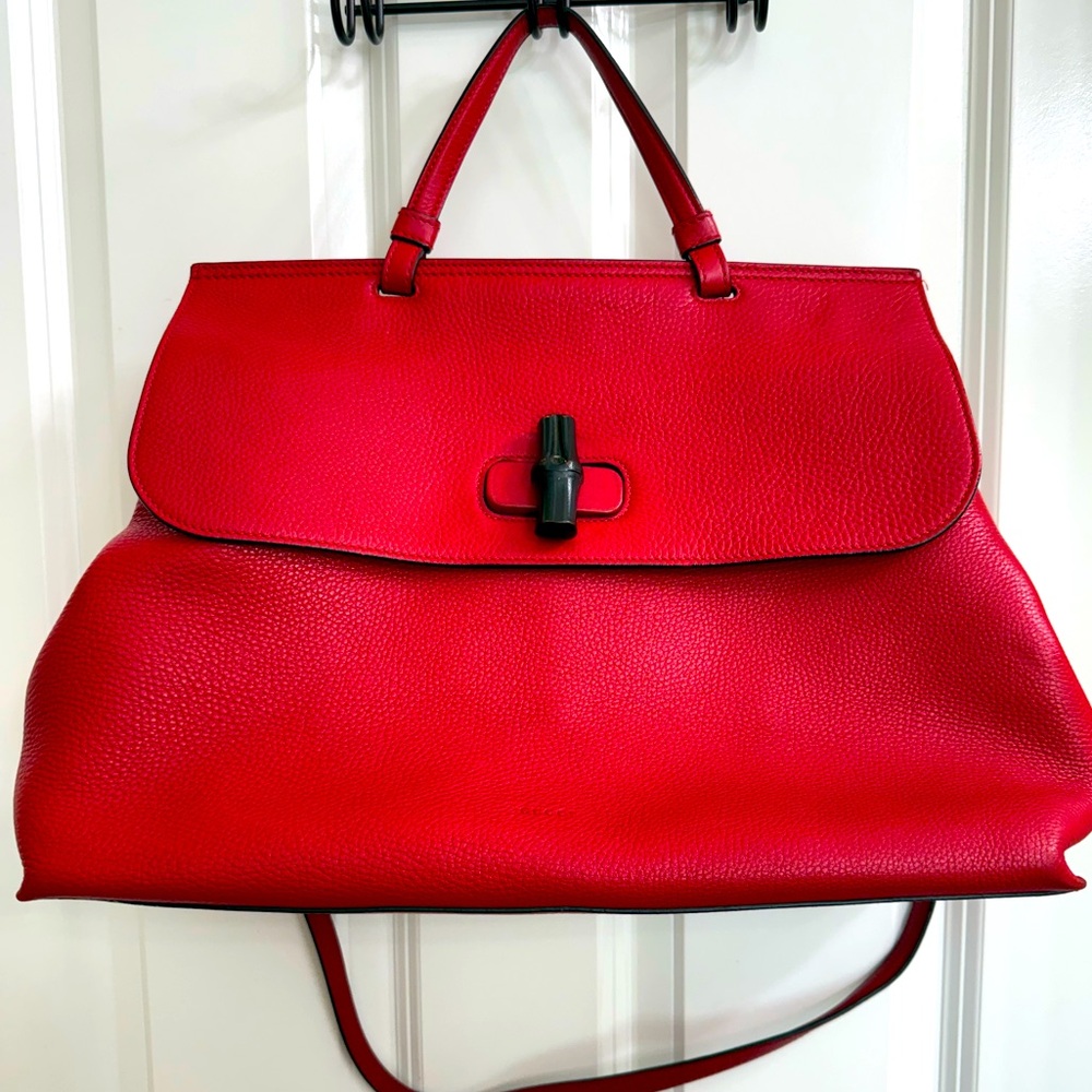 Gucci Bamboo Large Daily Top Handle Bag/shoulder Red Leather Handbag